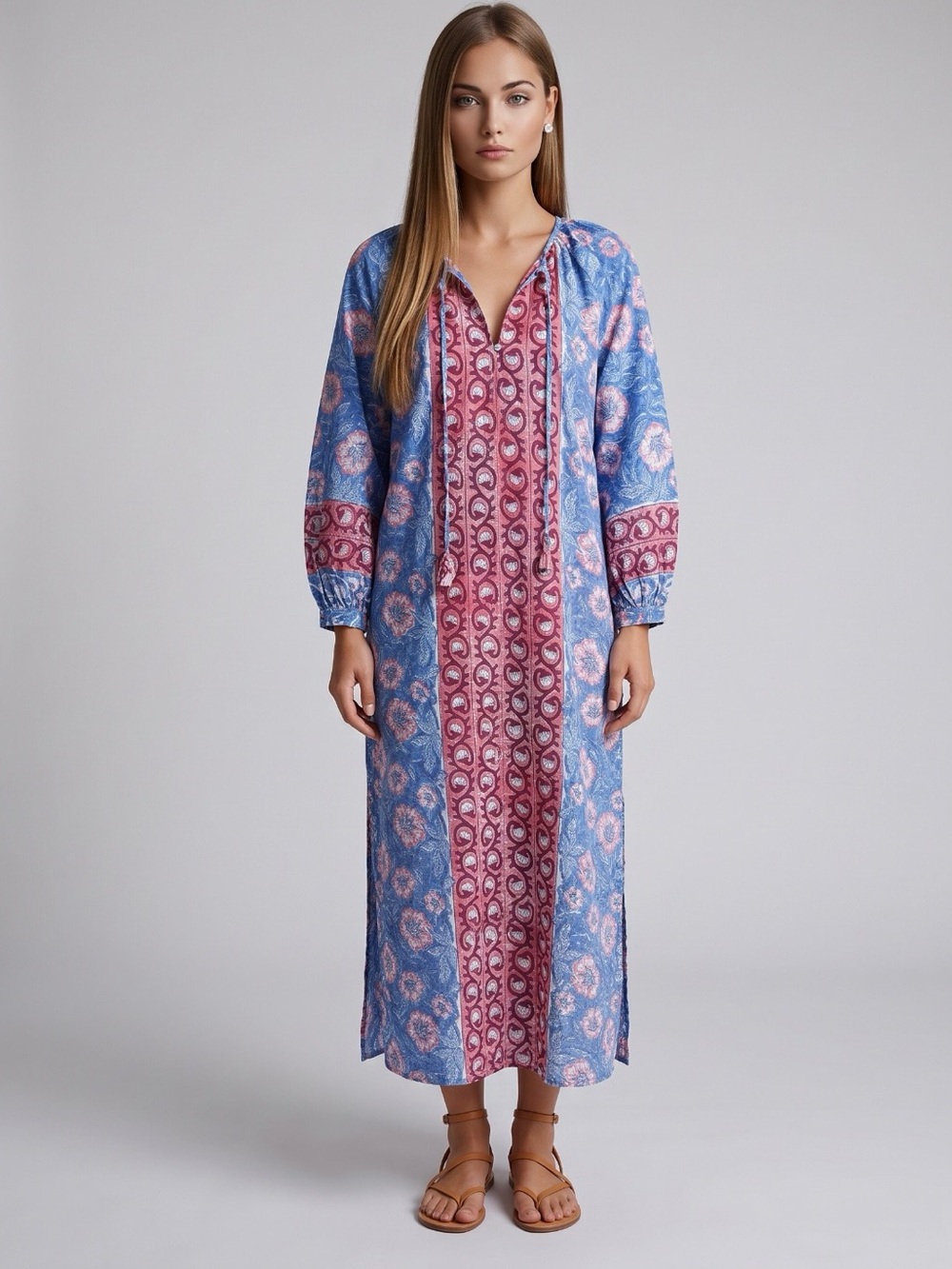 🌻NEW w/tag Boho Caftan Maxi Dress Blue Floral Paisley Pink Border Up to size XL